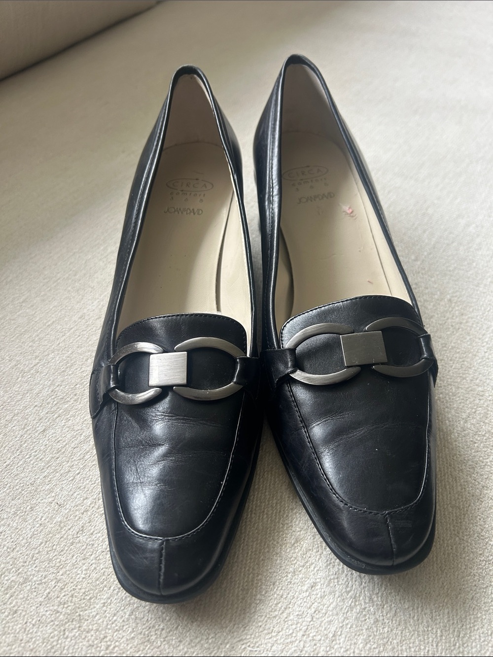 Joan & David Black Leather Loafers with Silver-Tone Chain Detail